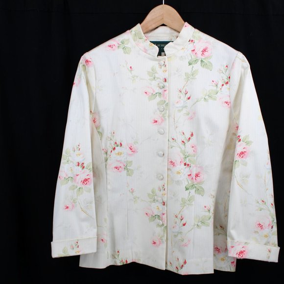 Ralph Lauren Floral Jacket Cabbage Rose Striped High Neck Multi-button - Picture 4 of 12